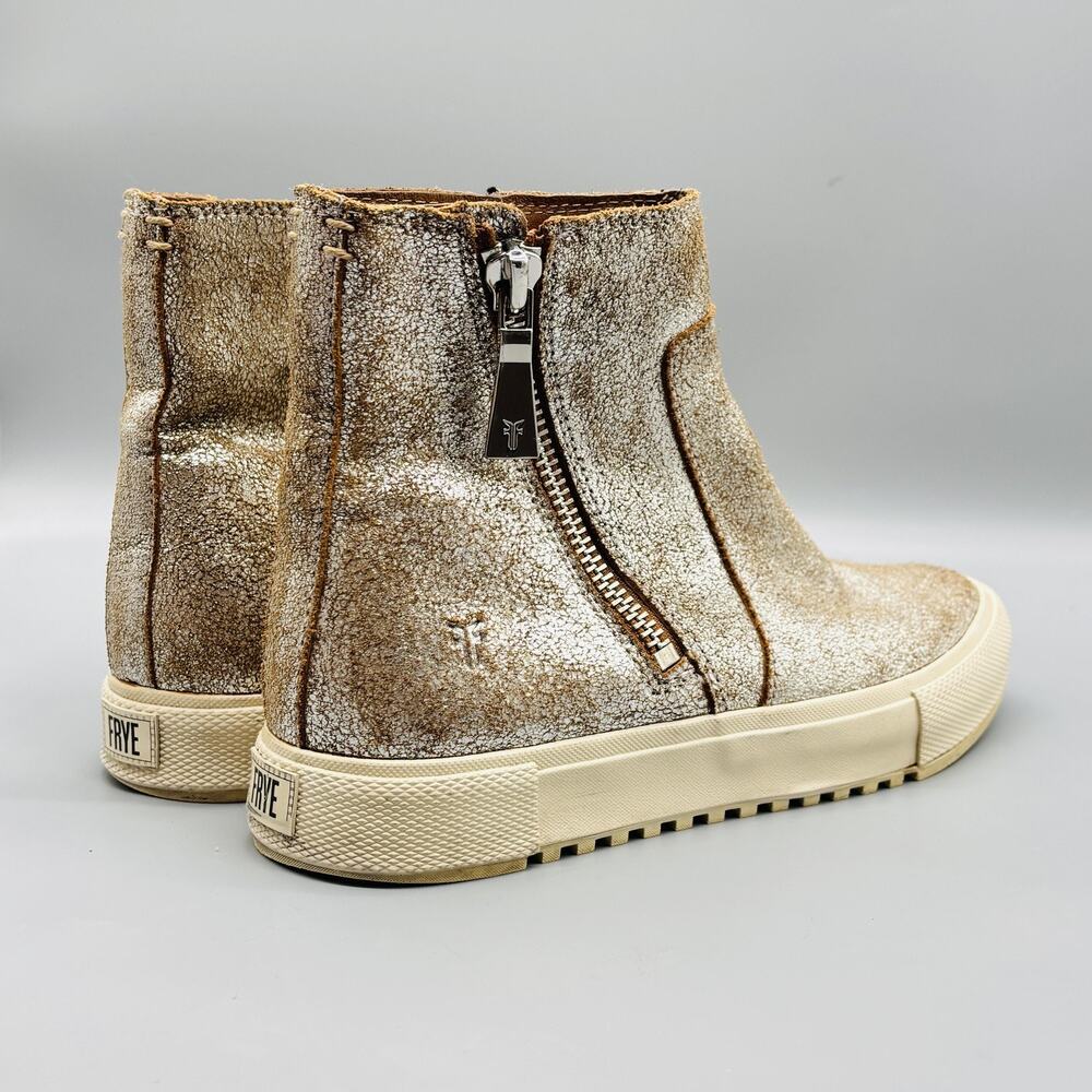 Frye Boots Womens 8 Gold Leather Gia Lug Zip High Top Sneaker Booties Shoes - Picture 8 of 11